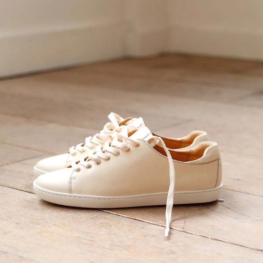 Sezane Jack Leather Trainers Sneakers in Smooth Ecru Cream